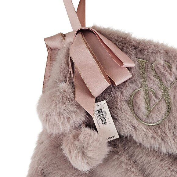 Victorias Secret Faux Fur Christmas Stocking Blush Pink Ribbon Pom Poms NWT - Picture 5 of 11